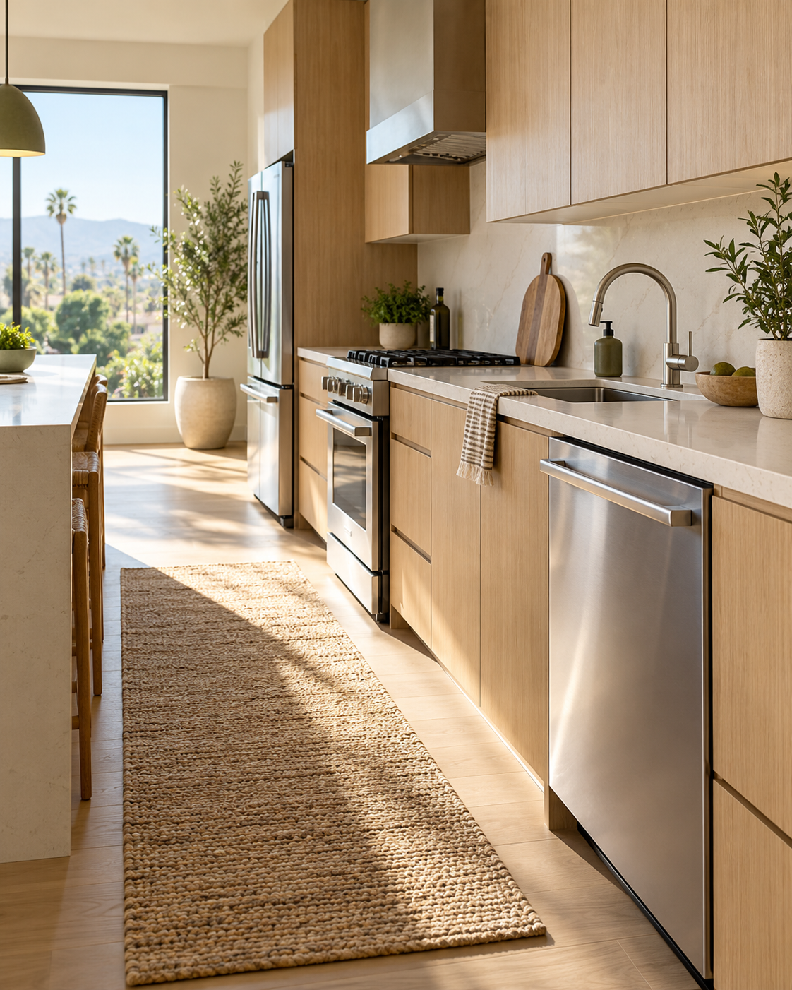 Bright apartment kitchen with a built-in dishwasher and modern household appliances